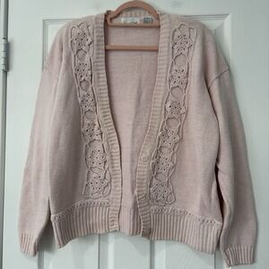 Vintage Pink Grandmacore Coquette Cardigan Crochet Floral Cottagecore Size Large